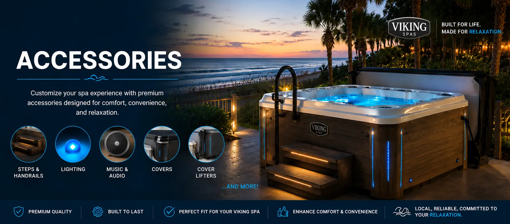 Banner promoting spa accessories: dark blue left with the word ACCESSORIES, sunset ocean view and a Viking Spas hot tub on the right, with five circular icons labeled Steps & Handrails, Lighting, Music & Audio, Covers, Cover Lifters.