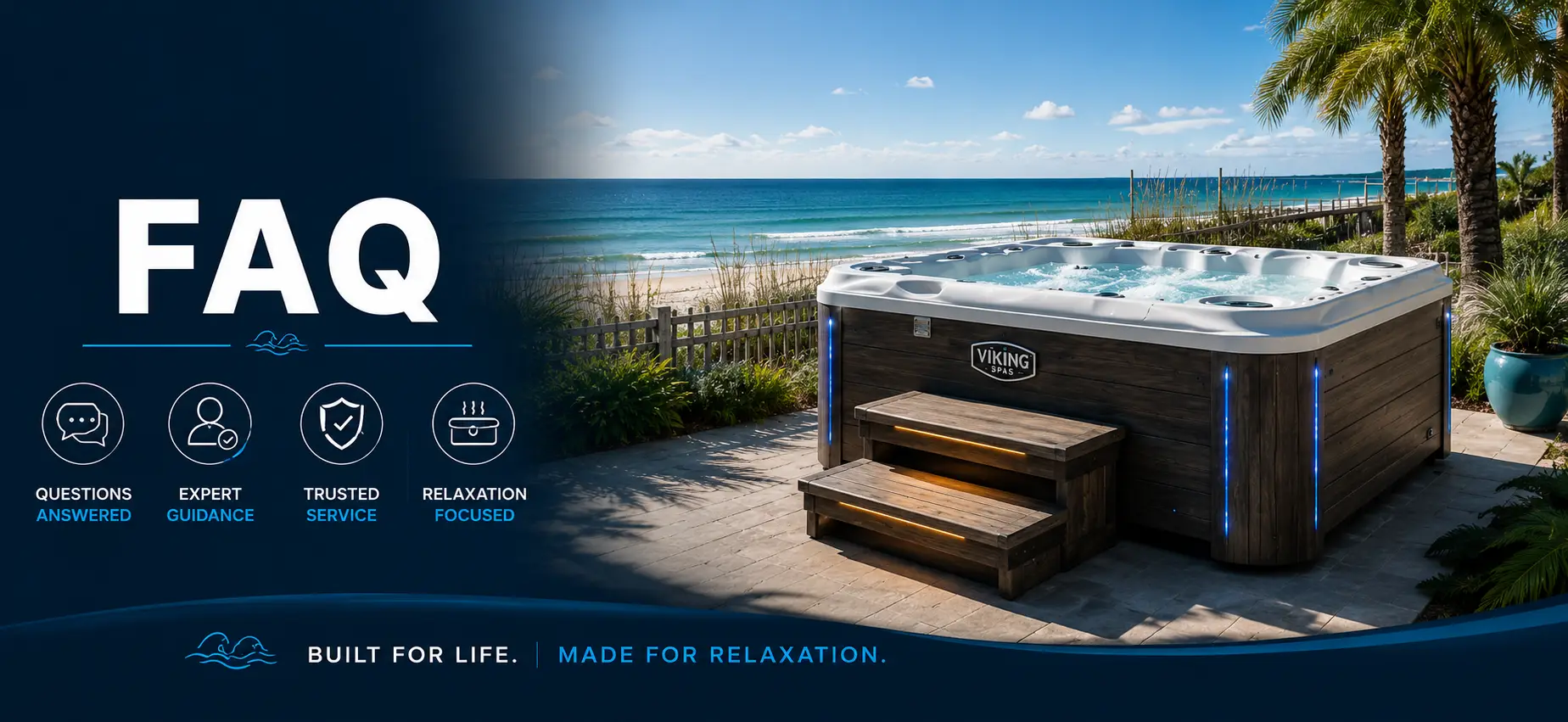 FAQ hero banner: dark blue left panel with 'FAQ' and icons, plus a Viking Spas hot tub by a beach on the right.